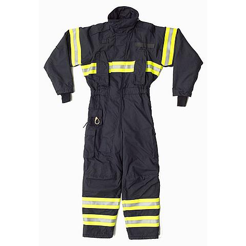 SG03767 Aramid Fireman's Coverall The Aramid Fireman's coverall is a navy dark blue or orange suit with reflective striping. The suit is manufactured from fire resistant natural fibre, It has a water repellent finish, which can withstand 50 washes without degradation.